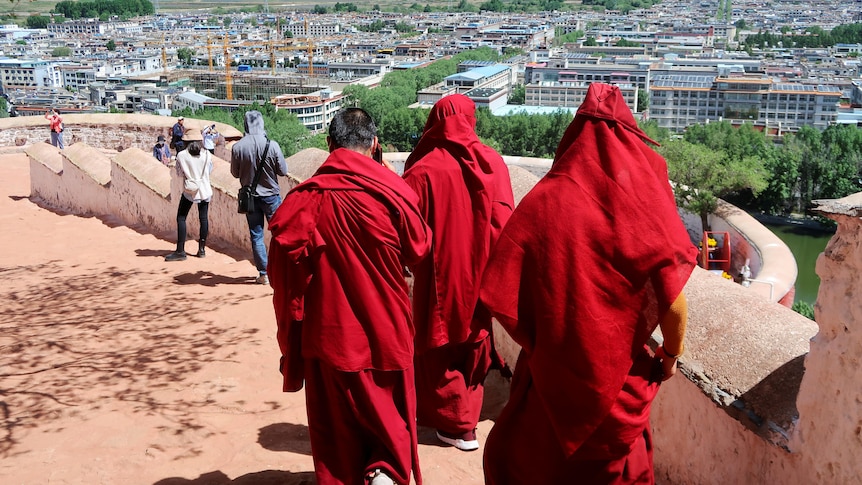 Tibetan Buddhist monks walk wearing red robes.