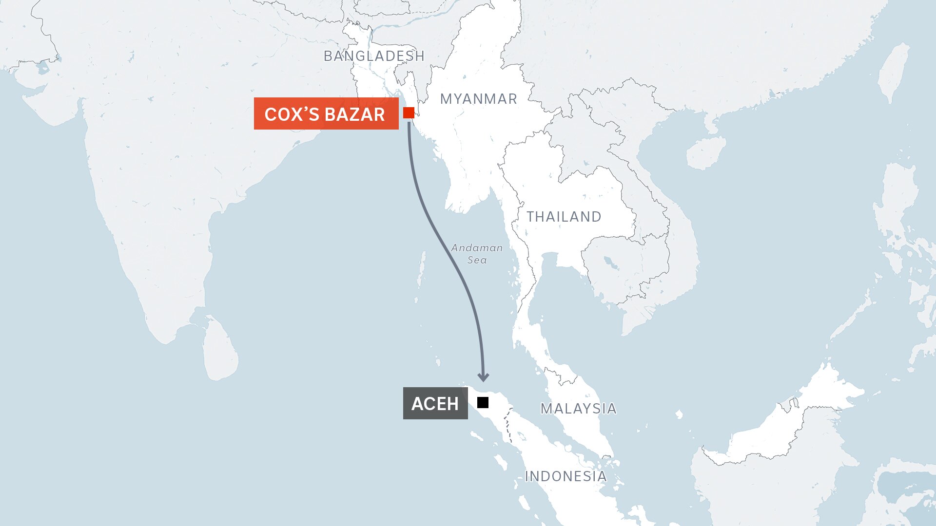 A map showing a red line from one location across the sea to another location