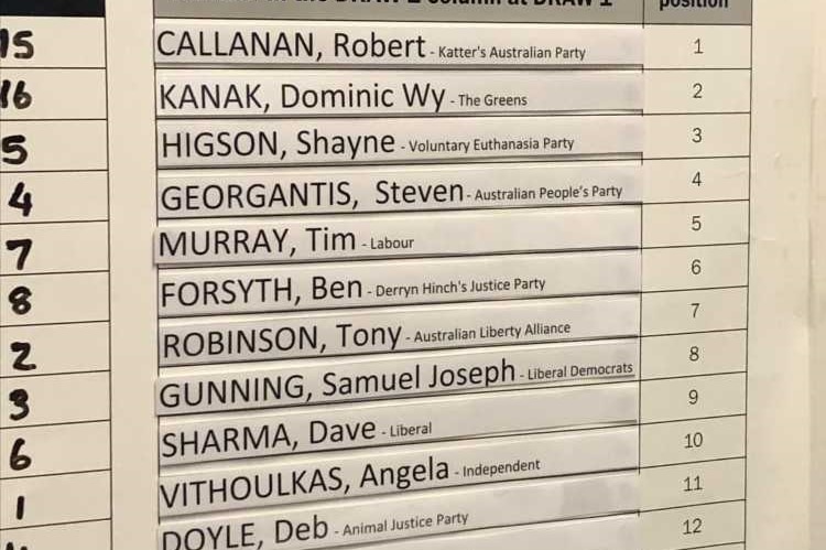 A ballot paper showing the order of candidates for the Wentworth by-election