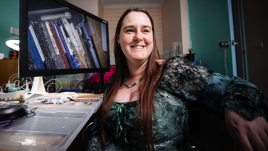 Visually impaired beader Asha Martin in her Tasmanian studio.