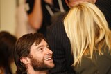 Hugh Jackman chats to Cate Blanchett at the 2020 summit in Canberra.
