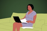 An illustration of a pregnant woman sitting on a couch, sorting through her finances on her laptop.