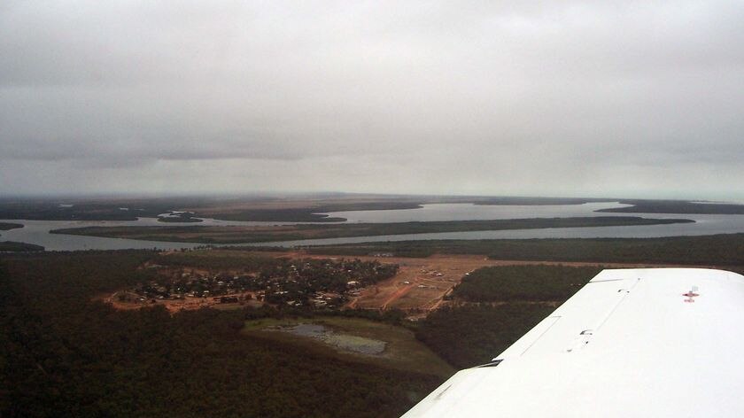 Aerial view of the Cape York Indigenous community of Aurukun, which is near the mouth of the Archer River.