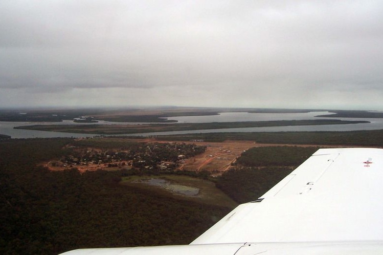 Aerial view of the Cape York Indigenous community of Aurukun, which is near the mouth of the Archer River.