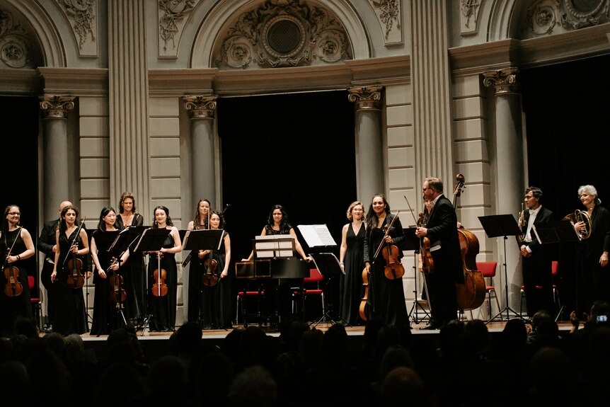 A chamber orchestra stands on stage facing the audience, holding their instruments.