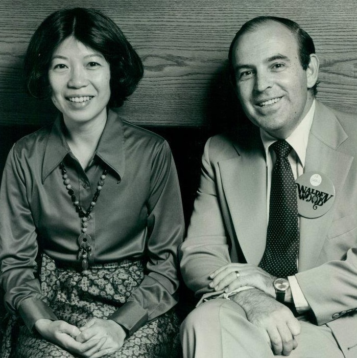 Black and white photo of two people