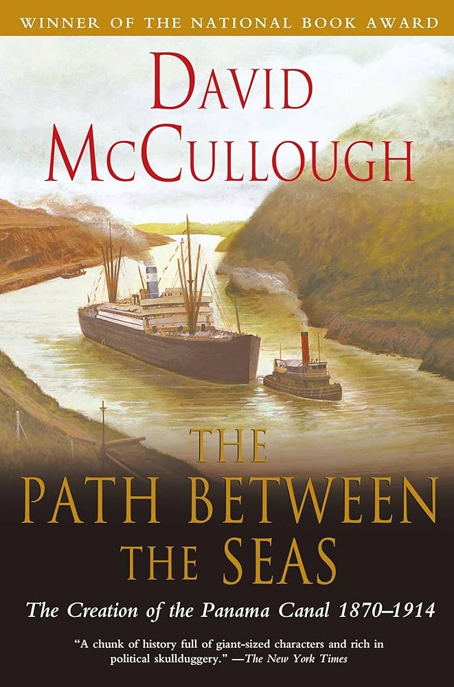 Book cover with the title above a drawn image of a ship led by a tugboat throuh the Panama Canal.