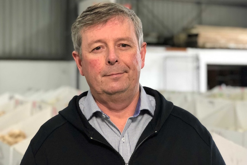 close up of a man with short salt and pepper hair stares into the camera. he's wearing a micro-checked shirt and blue pullover