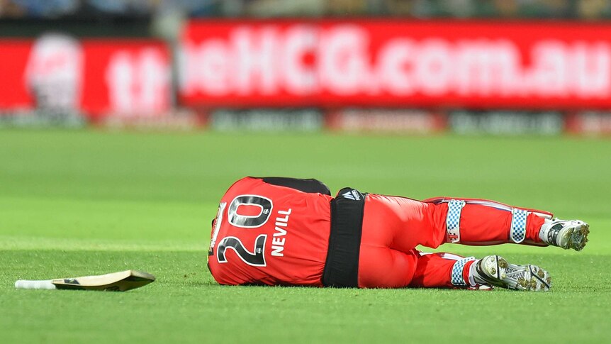 Peter Nevill lies on the pitch after being hit by a bat