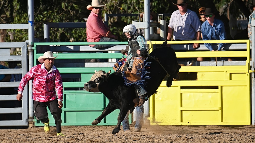 A young boy rides on a bucking bull in a rodeo arena.