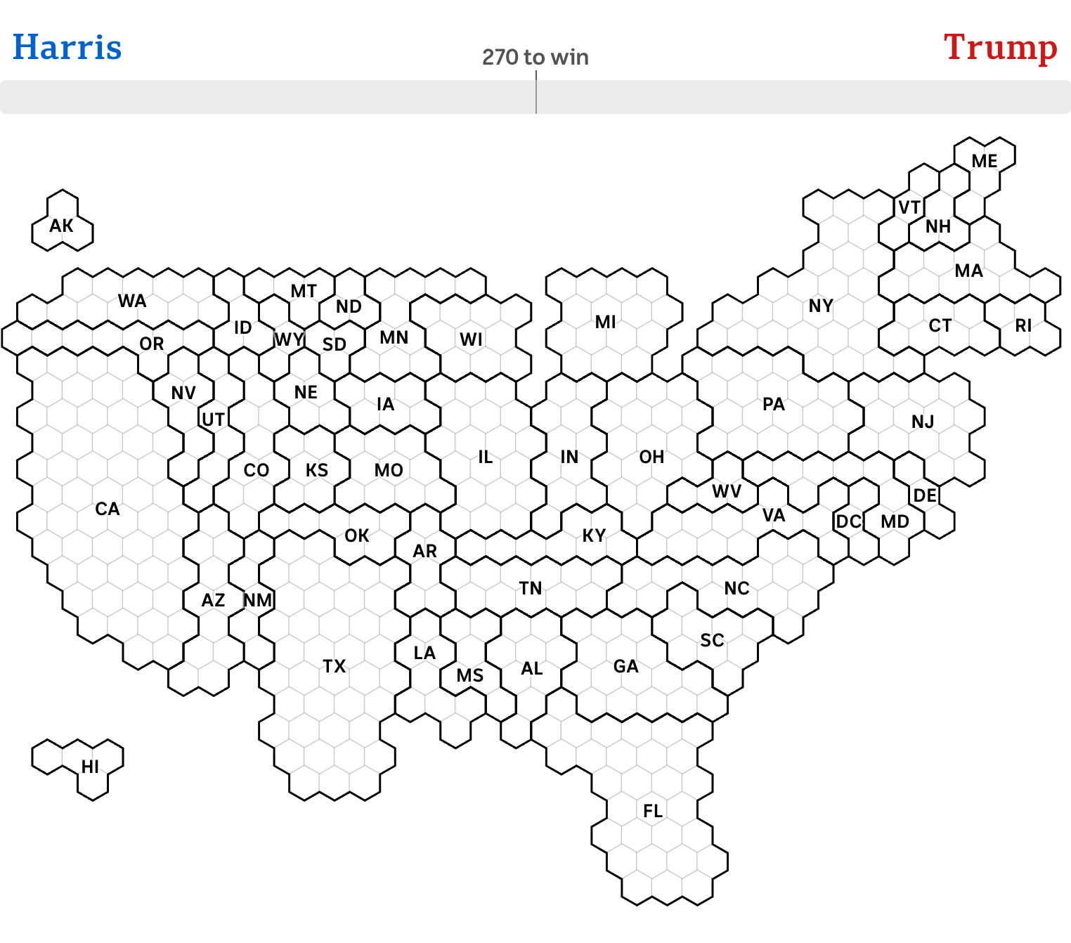 On a map of the United States, each state is divided into groups of hexagons.