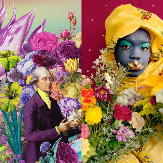 Composite of two portraits, a painting by Joan Ross and a photo by Atong Atem, both very colourful and with many flowers