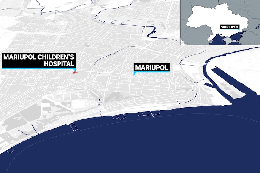 An illustrated map of the city of Mariupol, indicating where the Mariupol Children's Hospital is located.