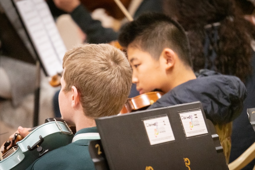 Boys playing violin.