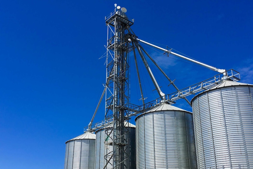 Wifi wireless dishes atop a grain silo tower in Dalby