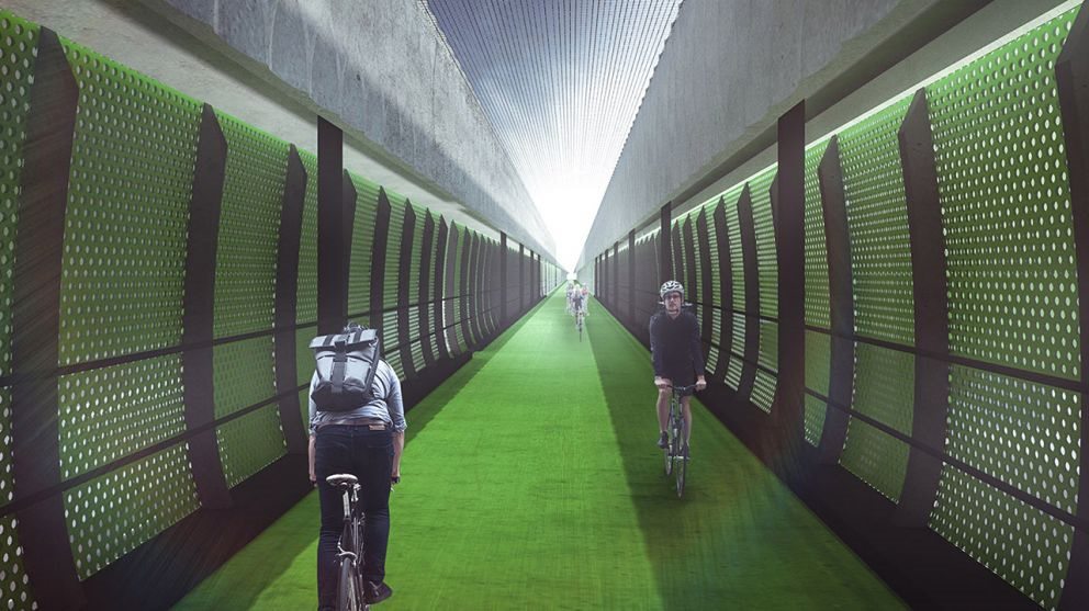 A graphic drawing of a fully enclosed cycling path with green floor and green walls