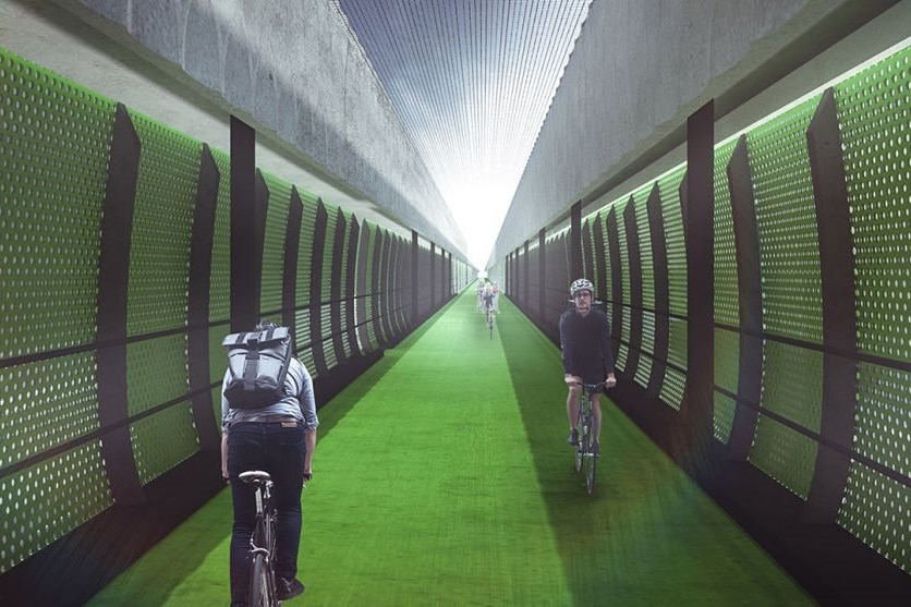 A graphic drawing of a fully enclosed cycling path with green floor and green walls