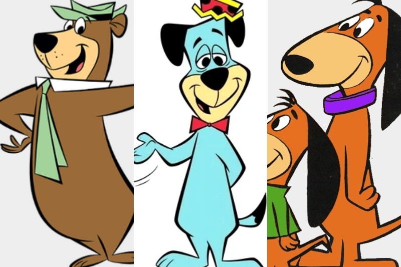 A three-part image of the Yogi Bear, Huckleberry Hound, and Augie Doggie cartoon charaters.