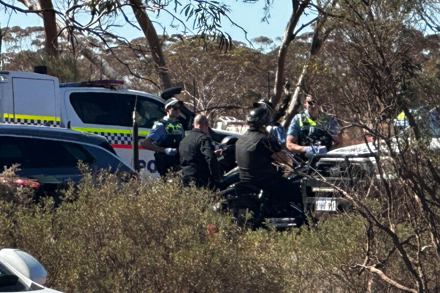 Police during a traffic stop with bikies.  