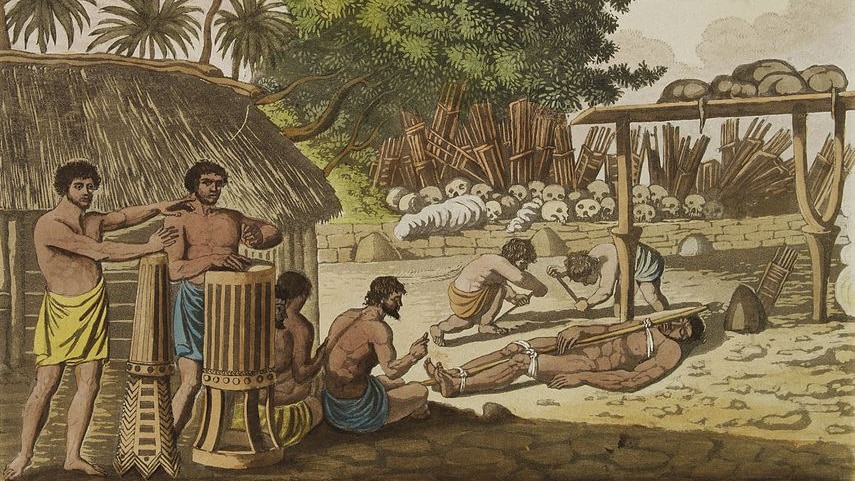 Illustration of human sacrifice in a morai at Otaheite in the presence of Captain Cook and his officers