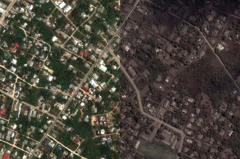Satellite images of homes in Tonga before the volcano. One is clear and the other is blackened with volcanic ash.