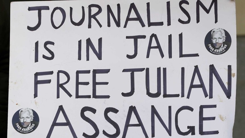 Woman holds banner that reads, "Journalism is in jail. Free Julian Assange".