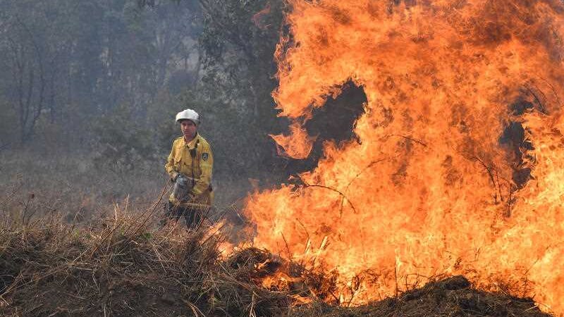 A firefighter standing in front of burning bushland