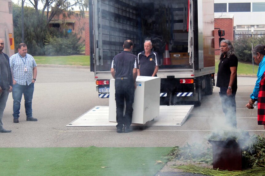 Aboriginal remains being unloaded at the WA Museum