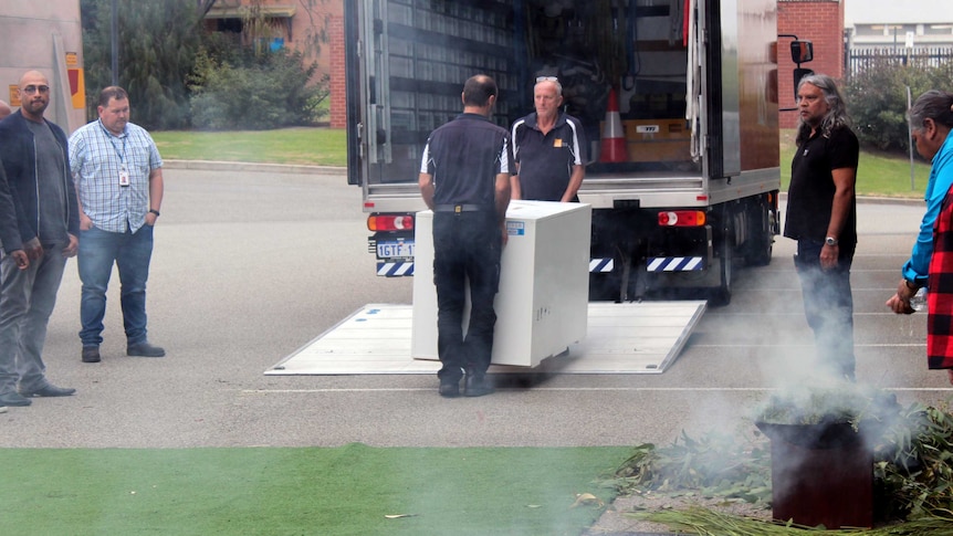 Aboriginal remains being unloaded at the WA Museum