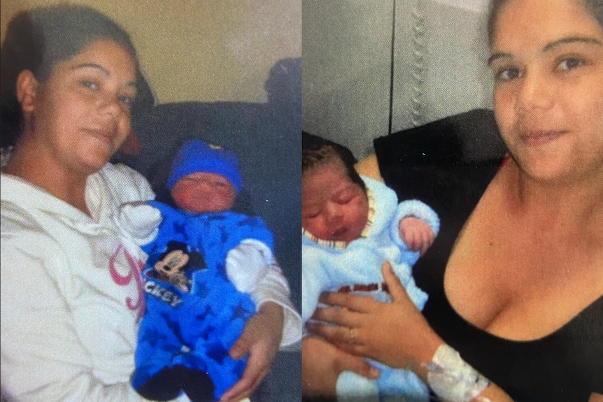 Two images of a lady with newborn children.
