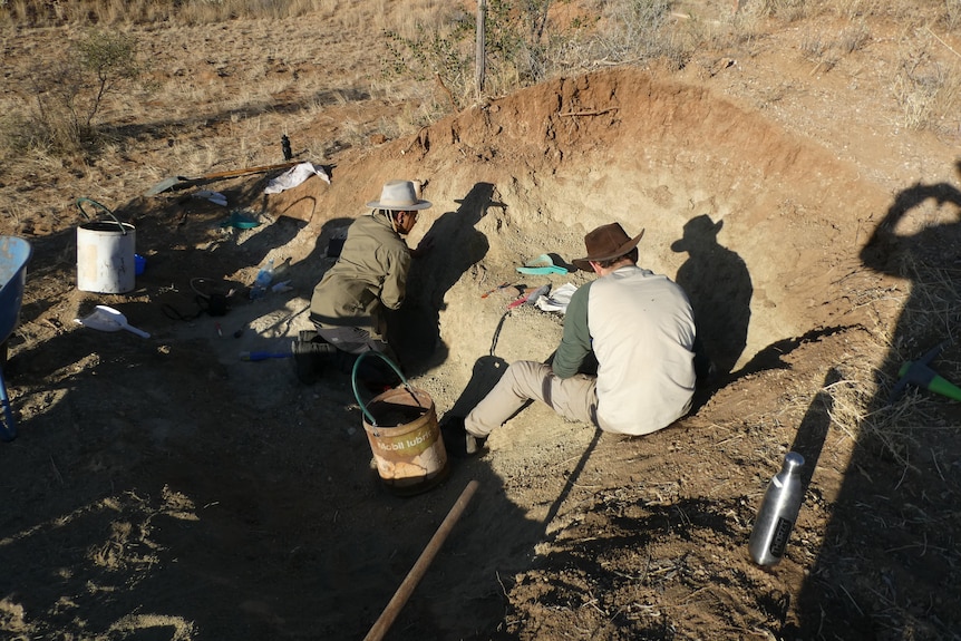 The back view of two people working at the dig site.