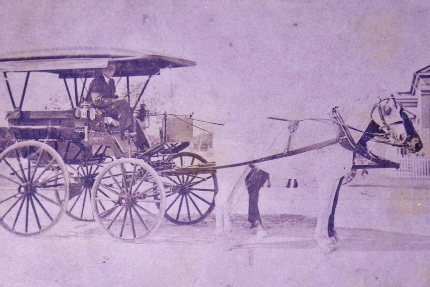 Man sits in four-wheeled horse-drawn buggy in 1888