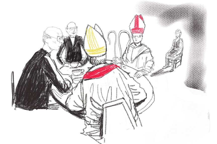 An illustration shows a group of Catholic clergy sitting around a table as a woman looks on.