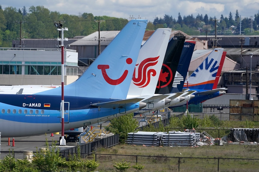 The tails of several planes with various airline logos sit alongside each other