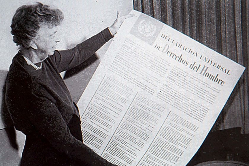 Eleanor Roosevelt holds the United Nations Universal Declaration of Human Rights