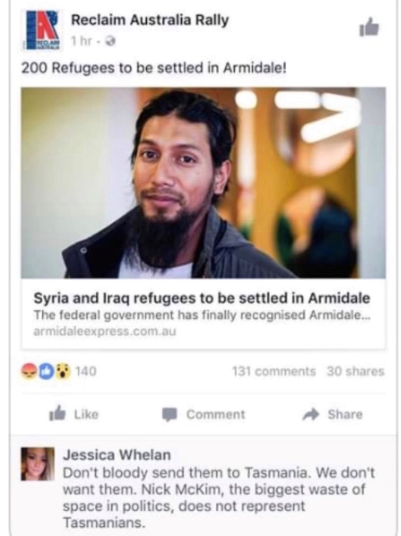 A screenshot appears to show a Facebook post about refugee resettlement.