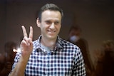 Russian opposition leader Alexei Navalny gestures as he stands in a cage in the Babuskinsky District Court.
