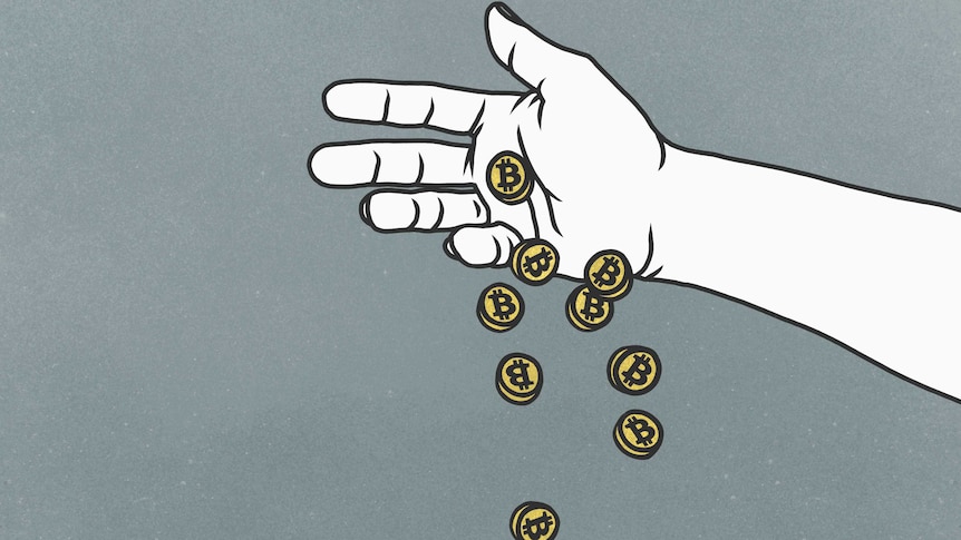 An illustration of a hand dropping bitcoin coins.