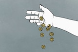 An illustration of a hand dropping bitcoin coins.