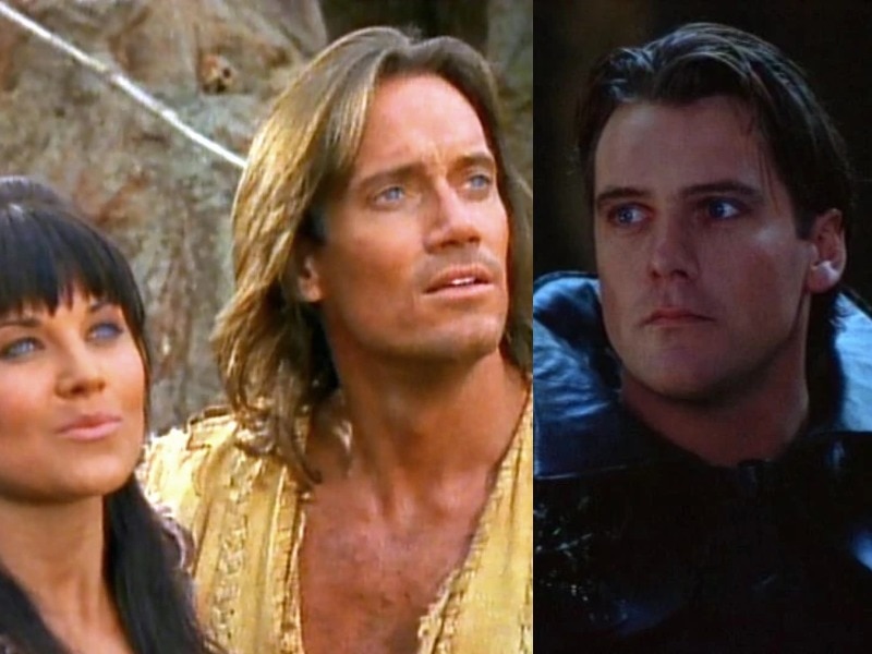 Comoposite image: Left, a bronzed black-haired woman and man with golden locks; right, a shadowy, dramatic man.
