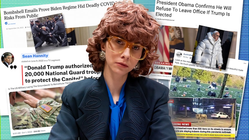Justina dressed as 80s newsreader with fake news headlines around her.