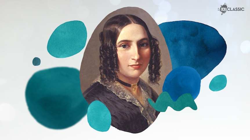 An image of composer Fanny Mendelssohn with stylised musical notation overlayed in tones of teal.