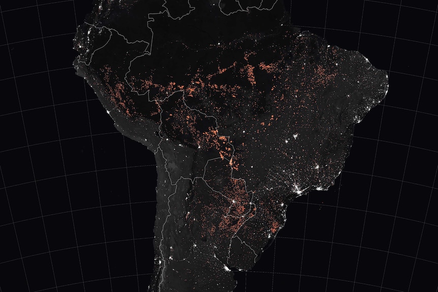 A map of South America dotted with fires.