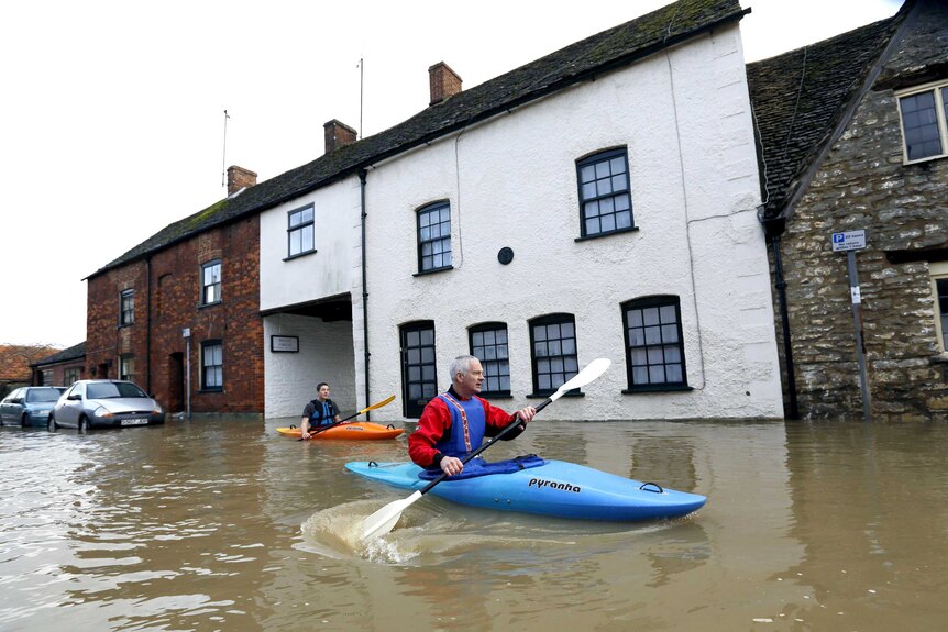 Canoes used in floodwaters in Wiltshire.