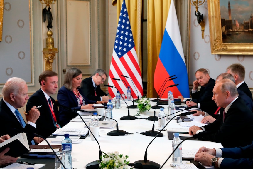 U.S President Joe Biden and Russian President Vladimir Putin, talk during their meeting at the 'Villa la Grange'