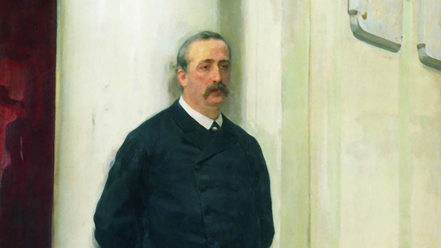 A painterly portrait of Borodin looking weary, leaning against a column at the back of an auditorium