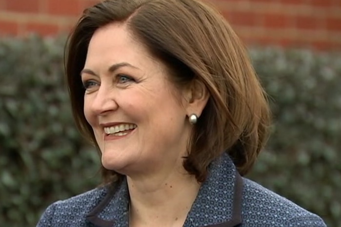 Sarah Henderson grins as she stands in front of a brick wall in a suit giving a press conference.