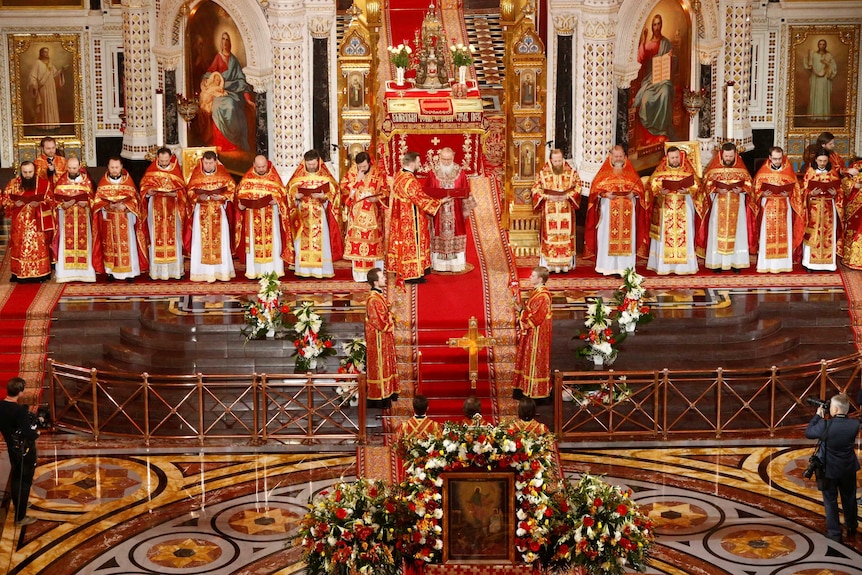 Russian Orthodox Patriarch Kirill conducts the Easter service in Moscow on the early hours of Sunday.