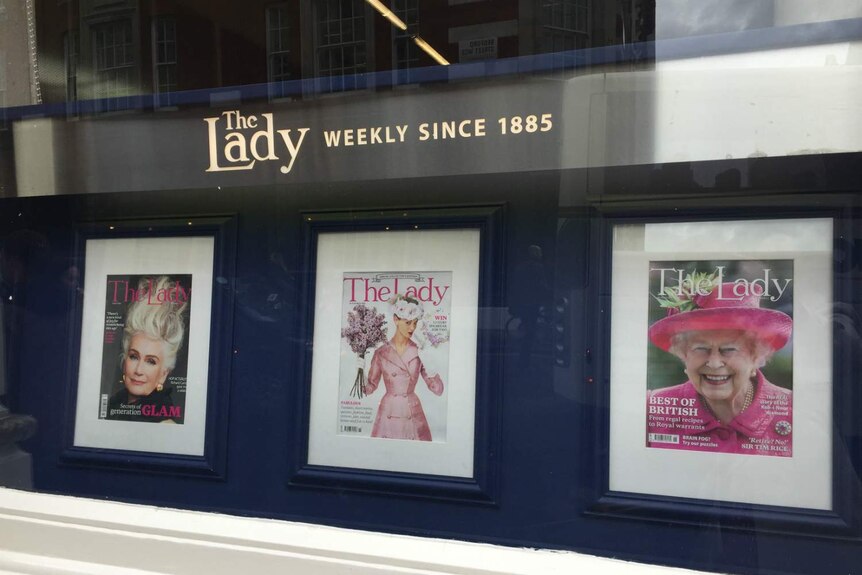 Front window of The Lady magazine in London.