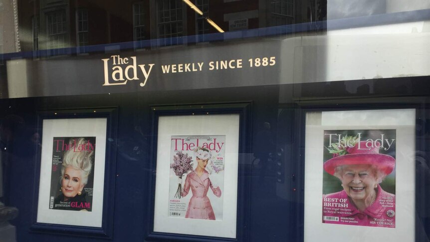 Front window of The Lady magazine in London.